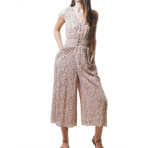 NEW EN/KAY floral sleeveless crop linen jumpsuit in multicolor - Picture 1 of 3